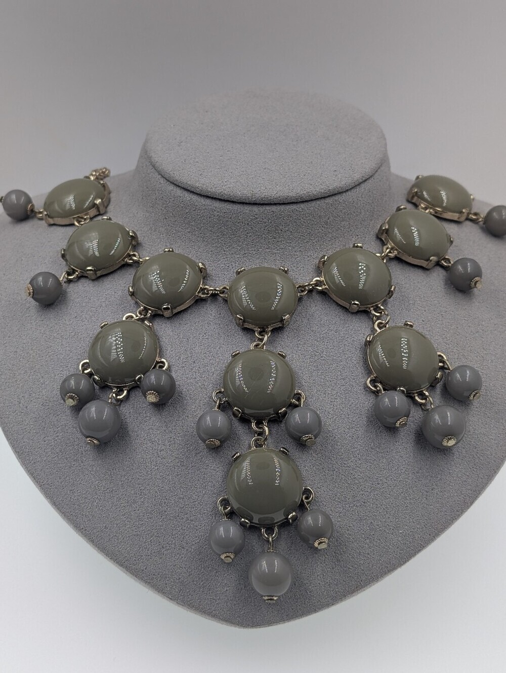 Signed J. Crew Round Cabochon Fringe Statement Bib Necklace Grey Brass 0503